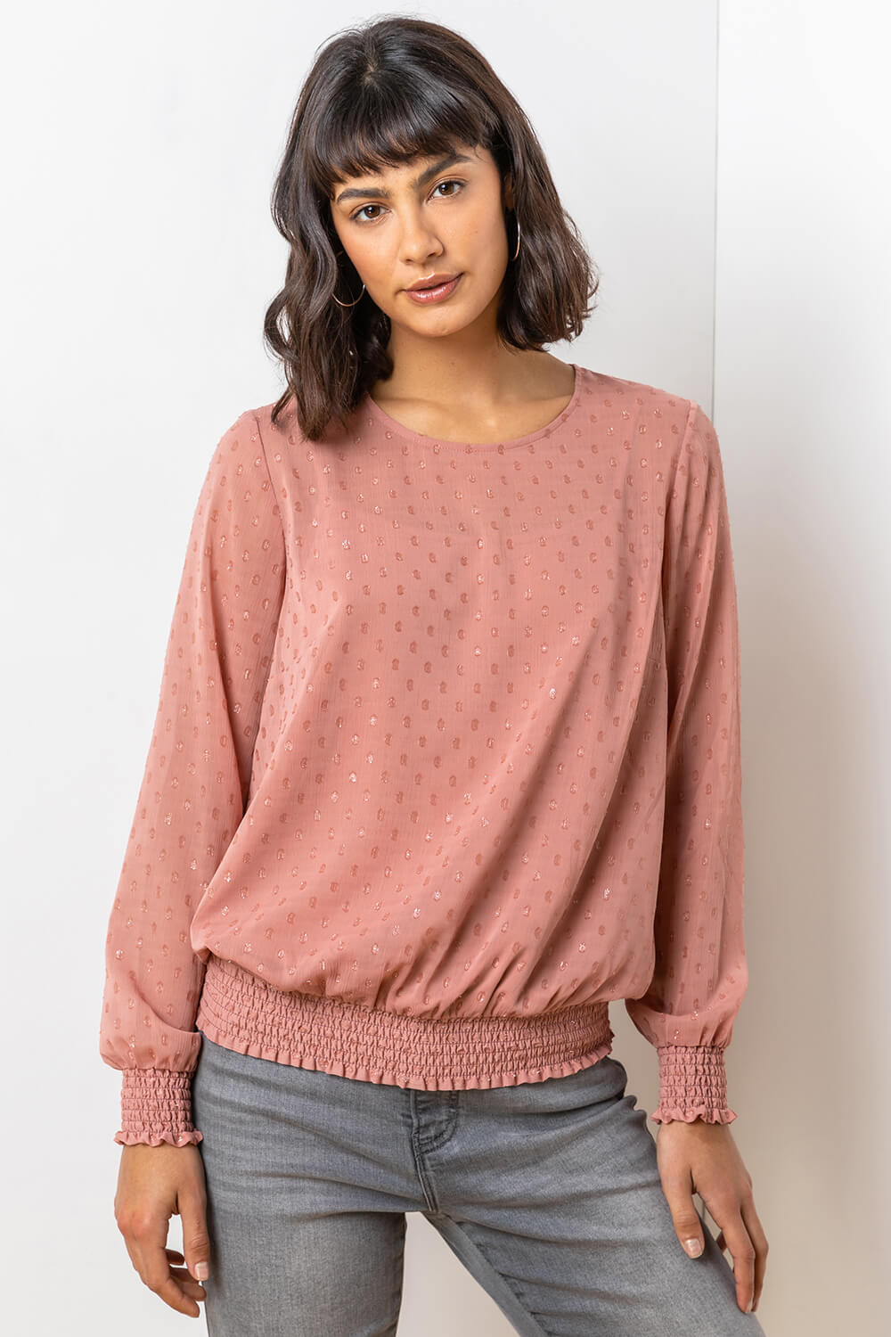 Salmon Textured Spot Shirred Shimmer Top, Image 5 of 5