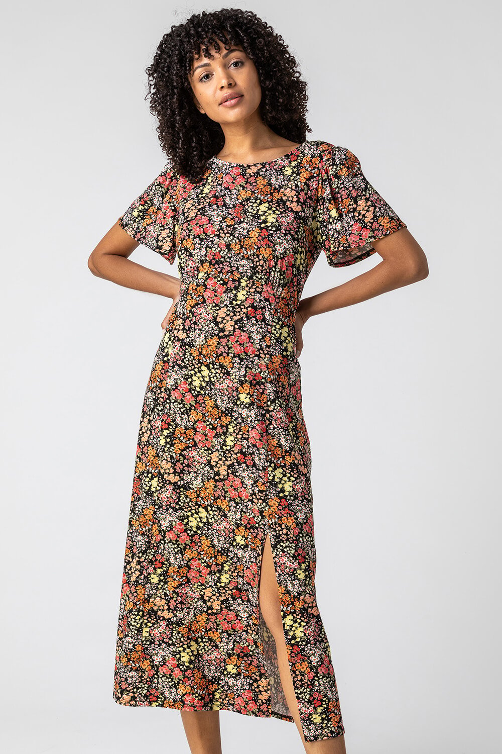 Floral Print Side Split Dress in Multi - Roman Originals UK