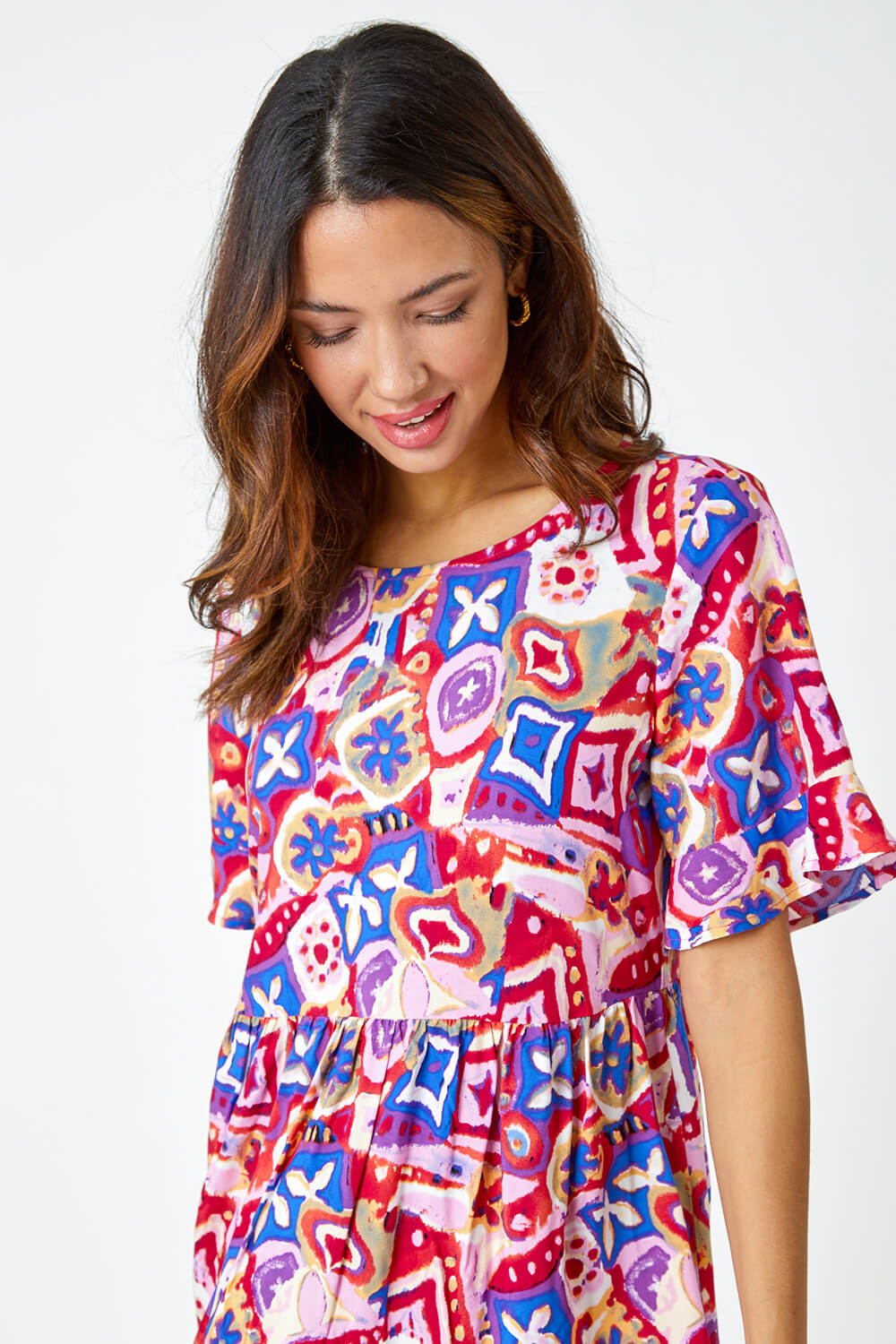 MAGENTA Printed Frill Sleeve Tiered Smock Dress, Image 4 of 5