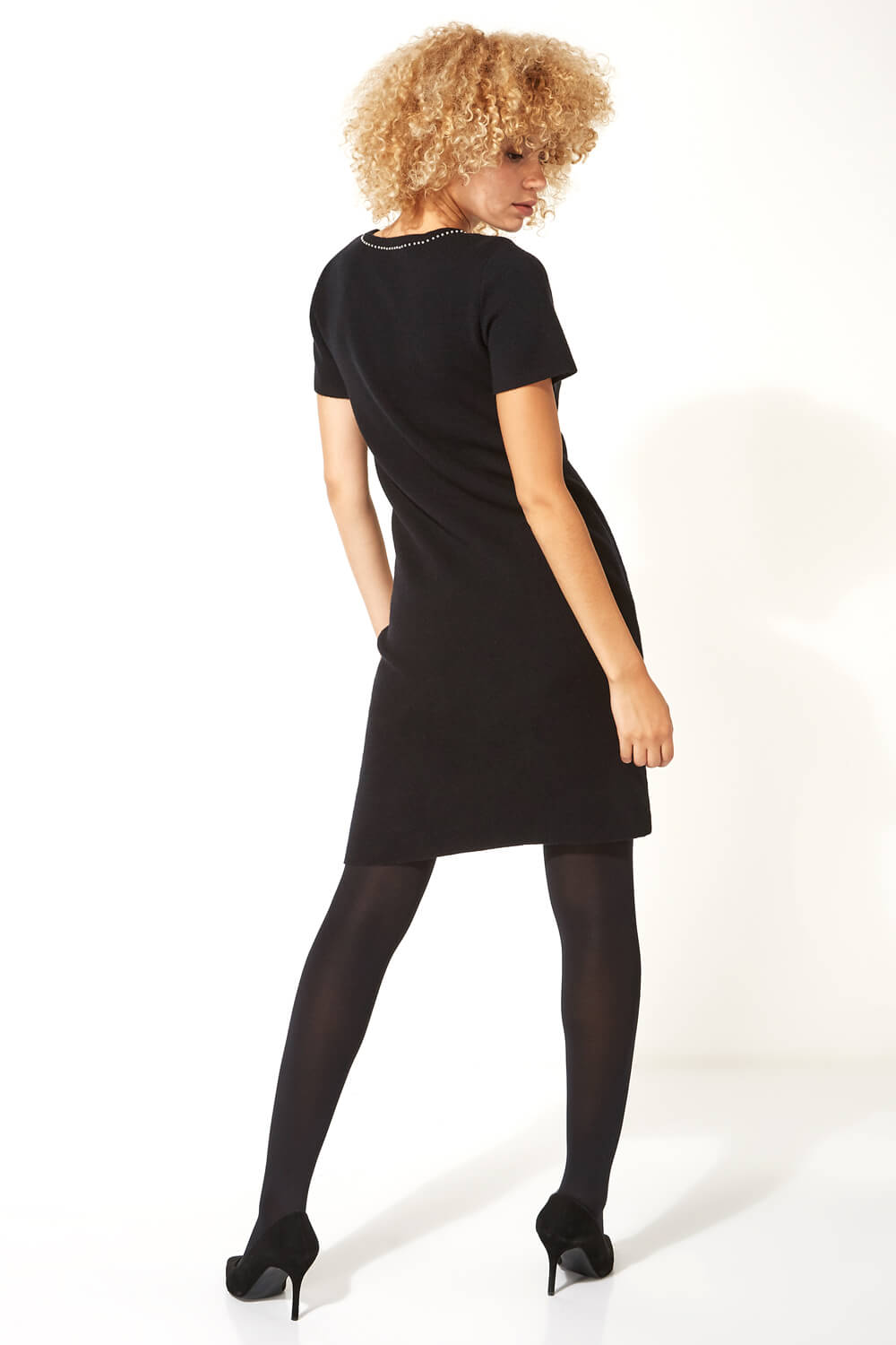 Black Pearl Embellished Short Sleeve Dress, Image 3 of 5