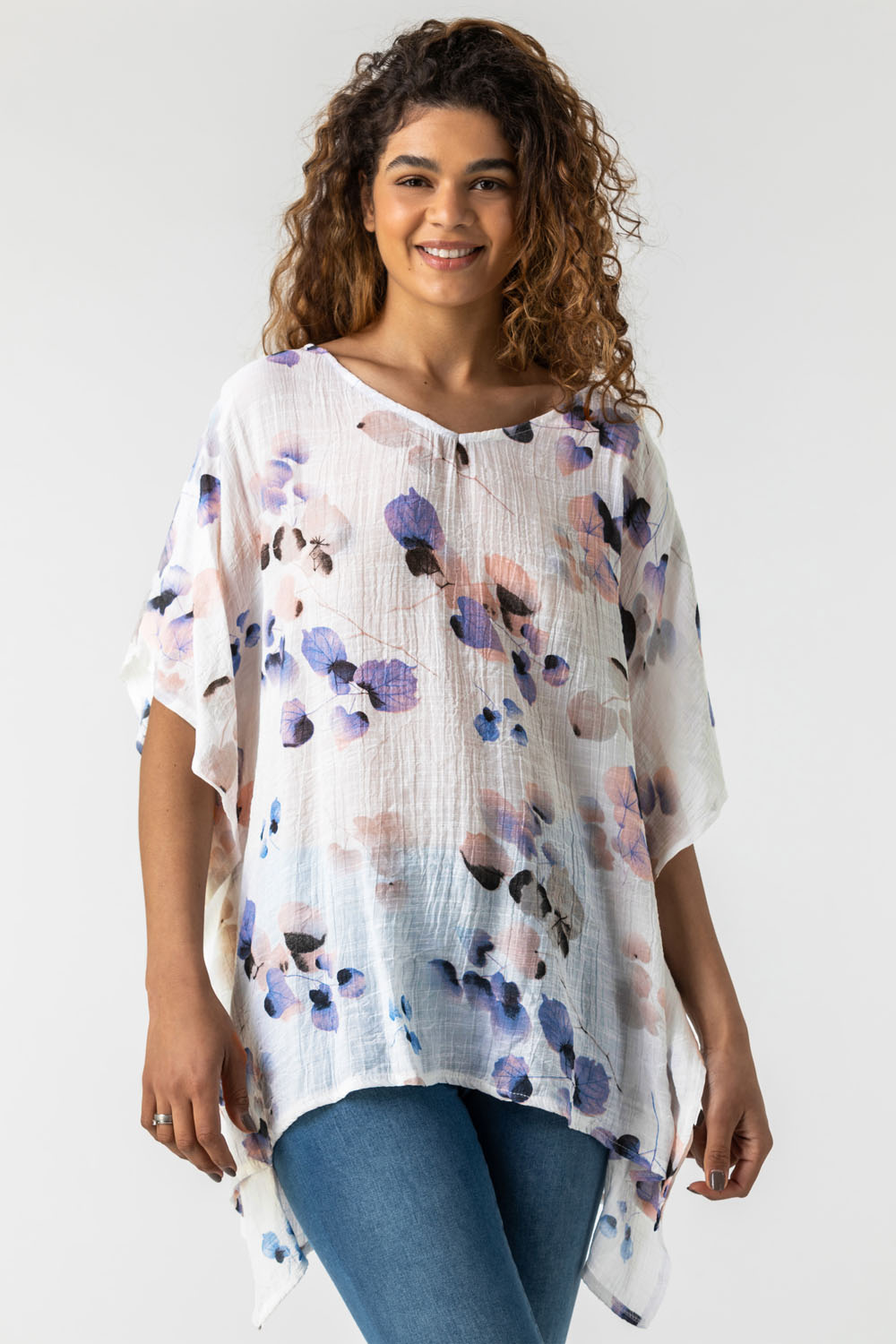 Blue Abstract Floral Print Tunic Top, Image 5 of 5