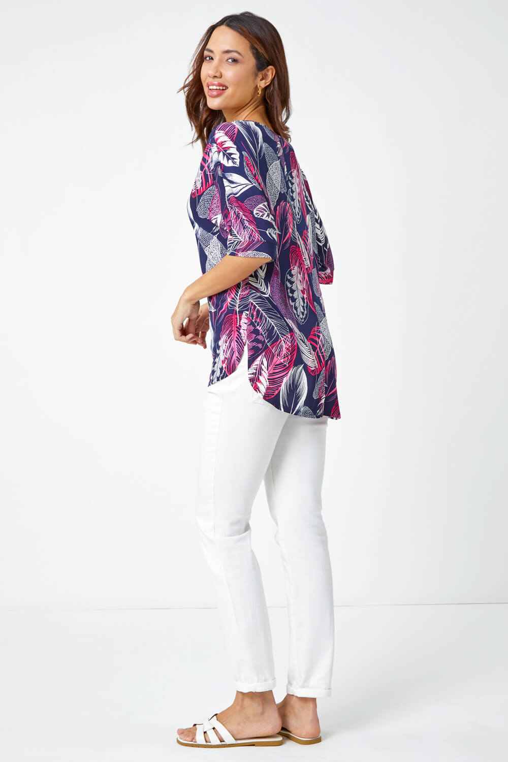 PINK Leaf Print Textured Tunic Top, Image 3 of 5