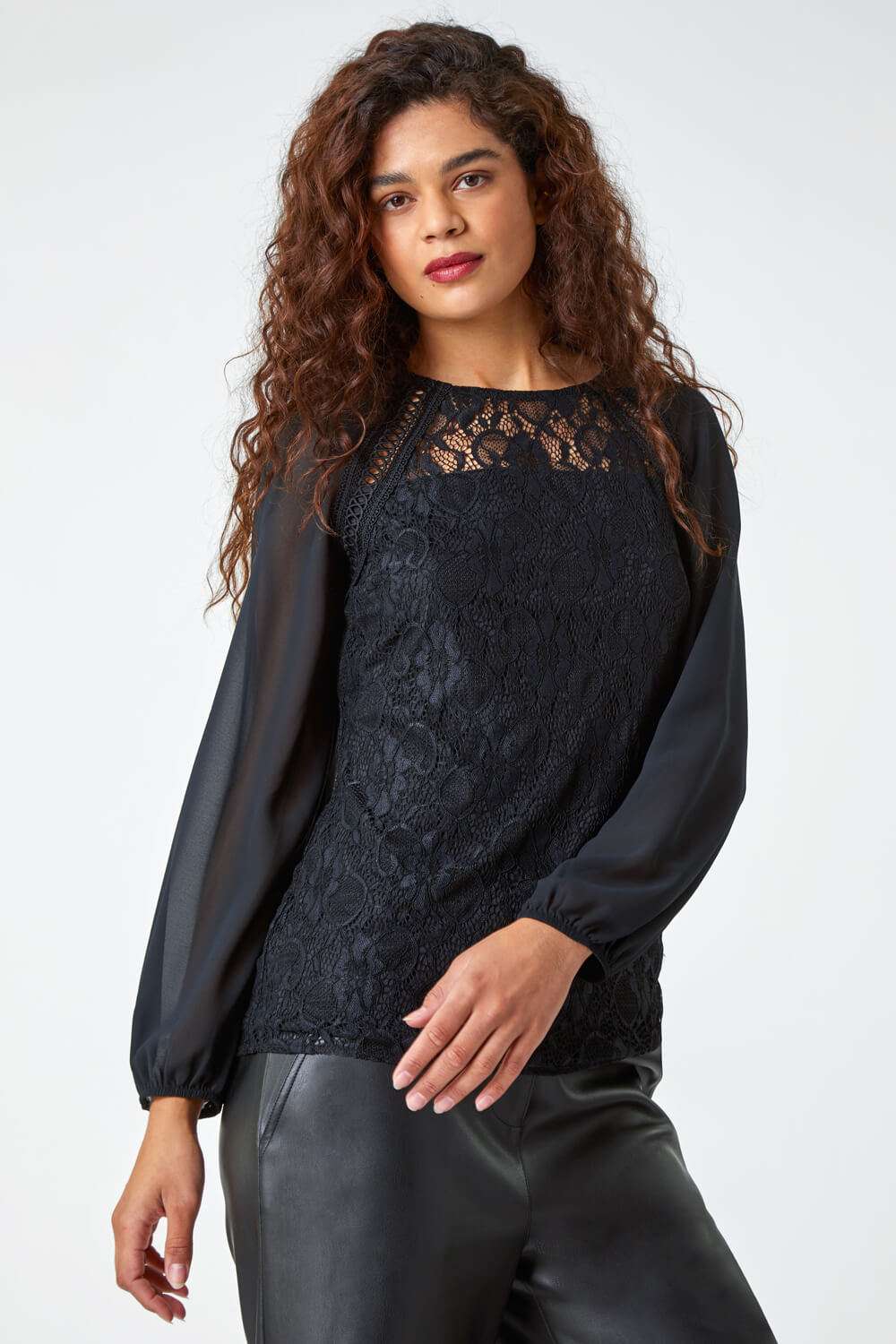 Black Lace Detail Chiffon Sleeve Stretch Top, Image 4 of 5