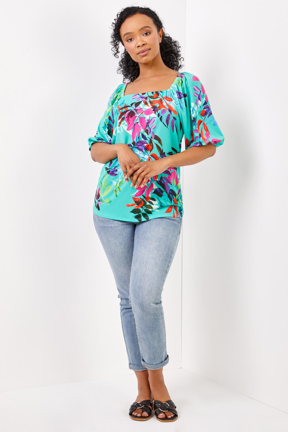 Green Petite Tropical Print Square Neck Top , Image 3 of 5