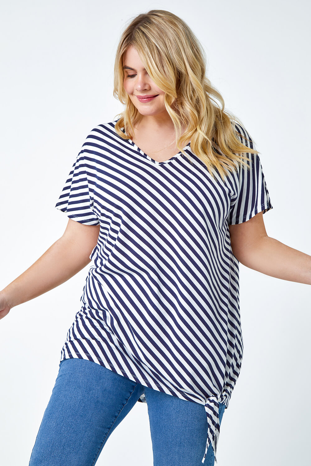 Navy  Curve Stripe Side Tie Stretch Top, Image 2 of 5