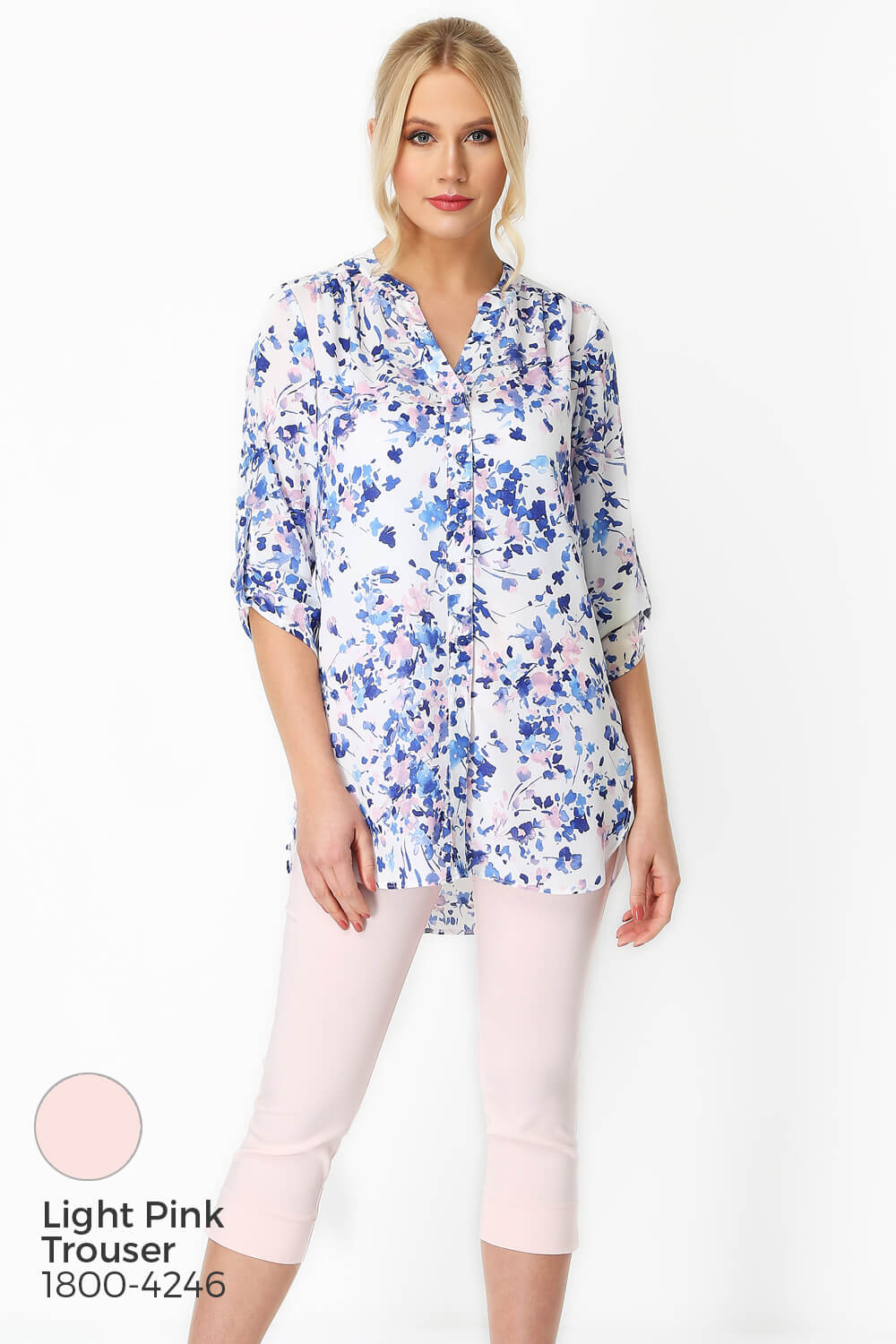 Blue Floral Print Roll Sleeve Shirt , Image 5 of 8