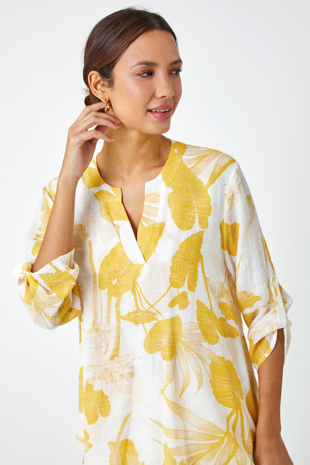 Yellow Palm Print Wrap Hem Tunic Top, Image 2 of 5