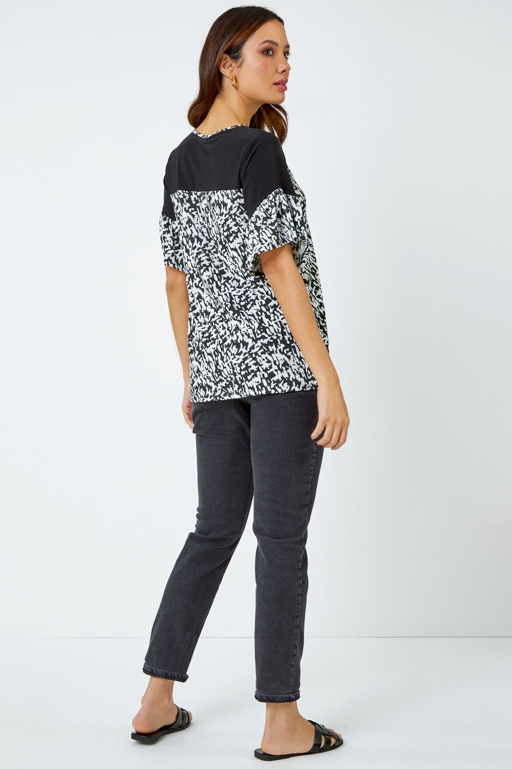 Black Contrast Frill Sleeve T-Shirt, Image 3 of 5