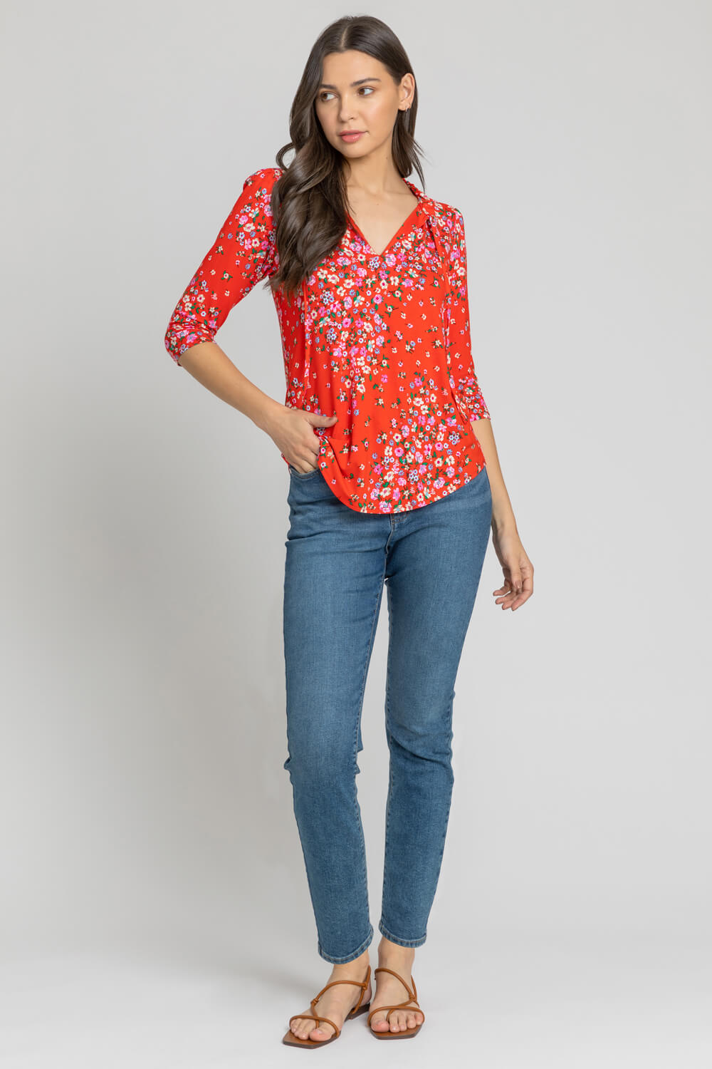 Red Floral Tie Neck Detail Top, Image 3 of 4