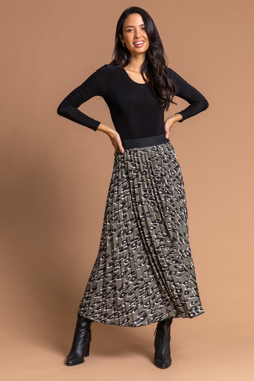 KHAKI Animal Print Pleated Maxi Skirt, Image 5 of 5