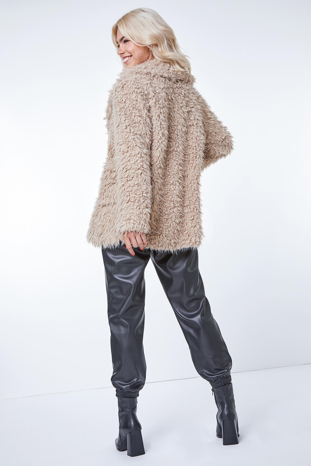 Beige Textured Faux Fur Coat , Image 3 of 5
