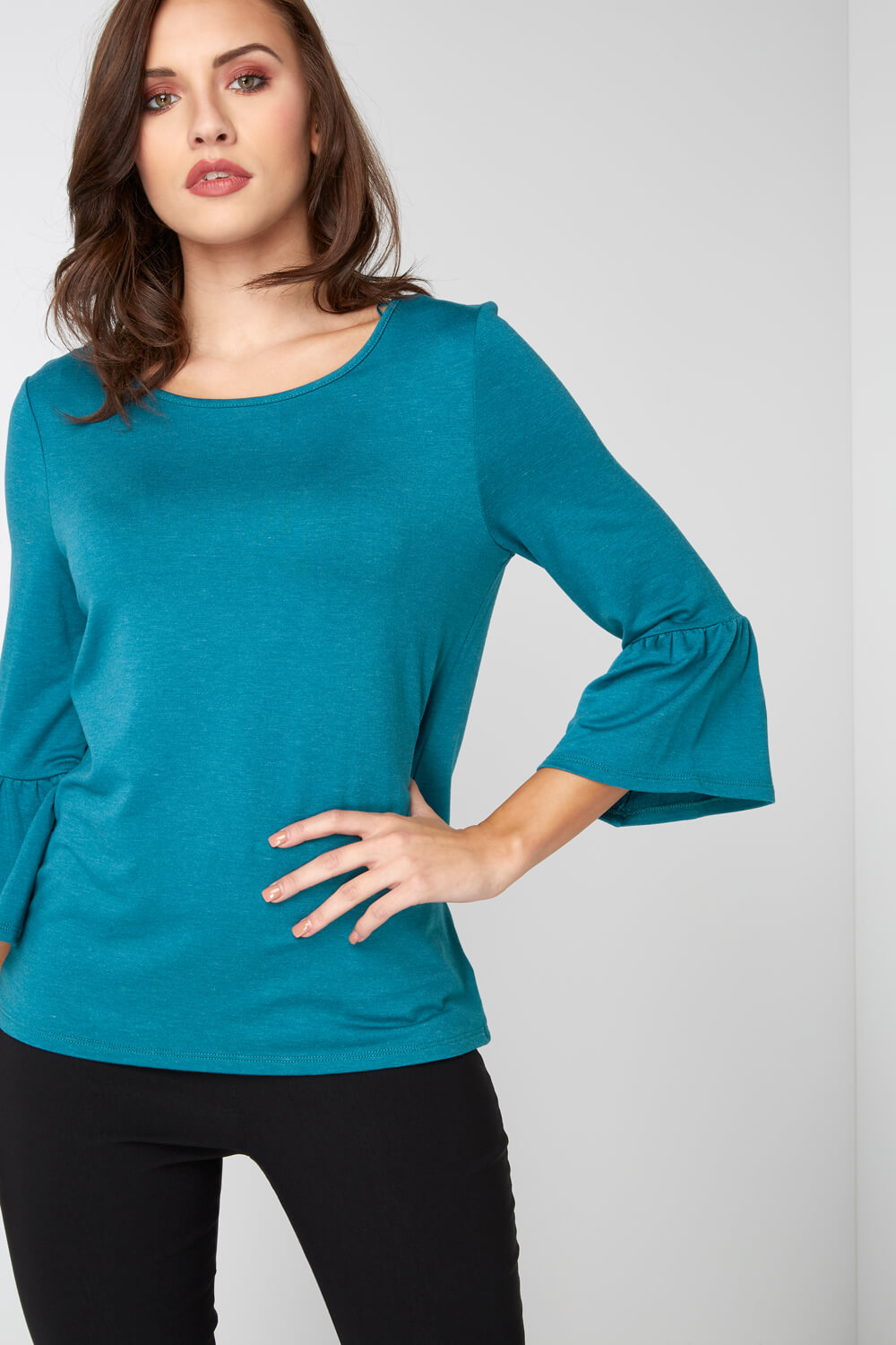 Jersey Fluted Sleeve Top in Teal - Roman Originals UK