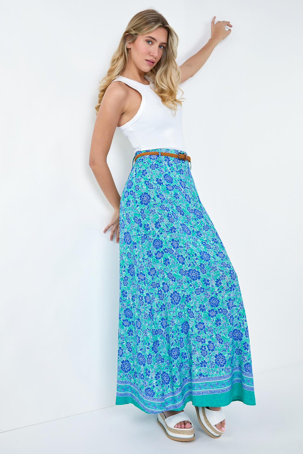 Green Floral Print Belted Maxi Skirt | Roman UK