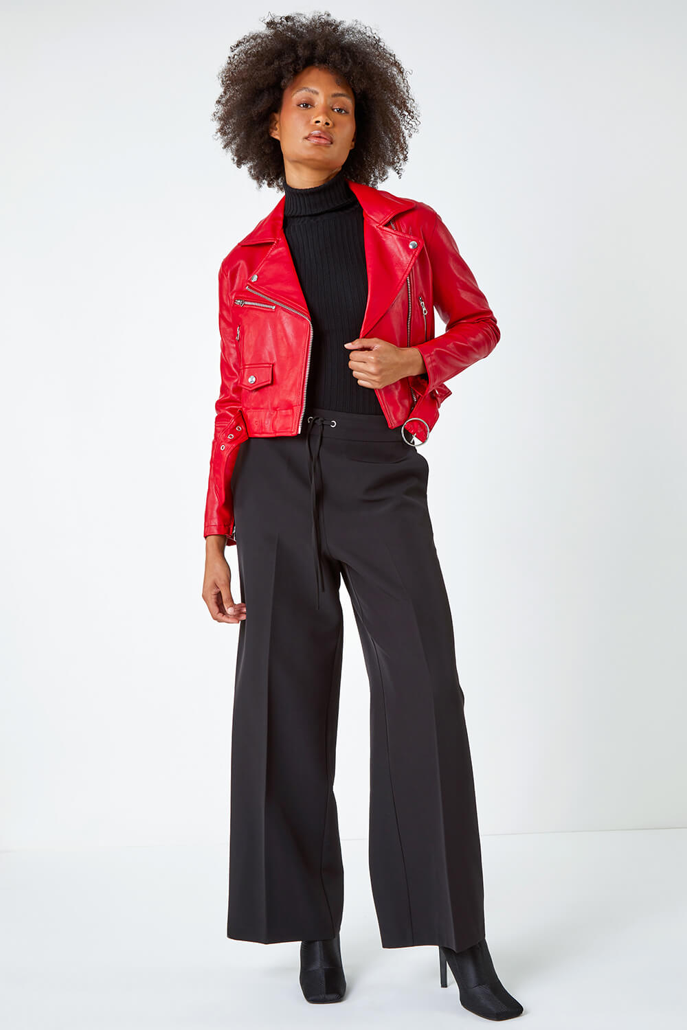 Red Cropped Faux Leather Biker Jacket , Image 4 of 5