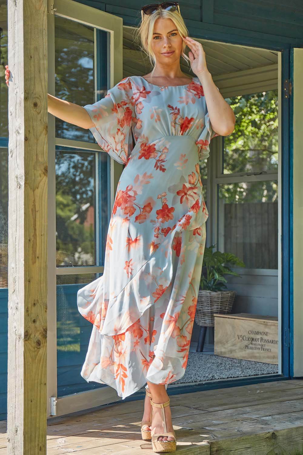 ORANGE Floral Frill Short Sleeve Midi Dress, Image 2 of 5
