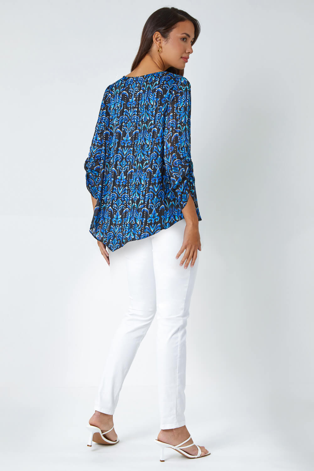 Blue Abstract Print Metallic Ruched Blouse , Image 3 of 5