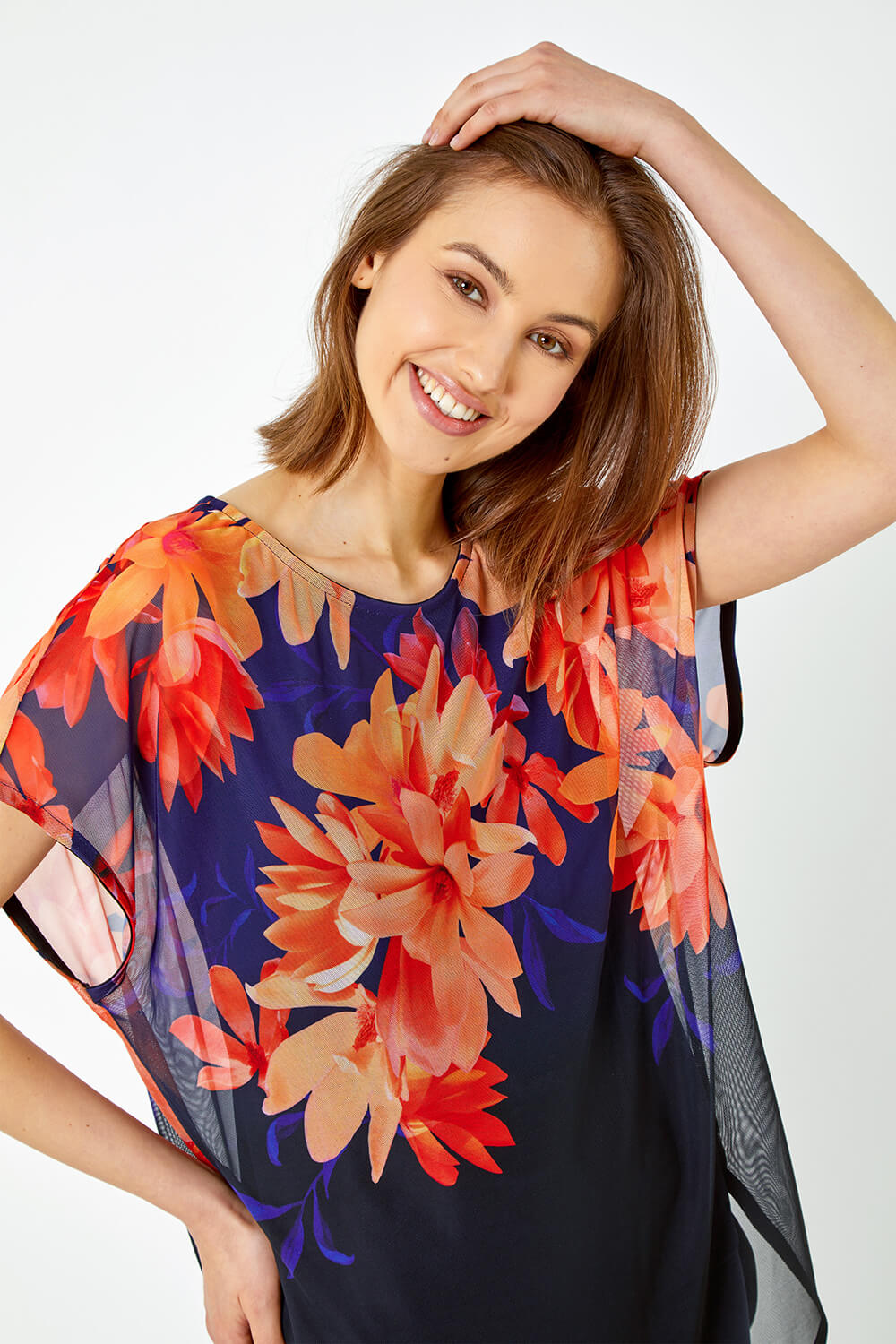 Navy  Floral Print Overlay Stretch Top, Image 4 of 5