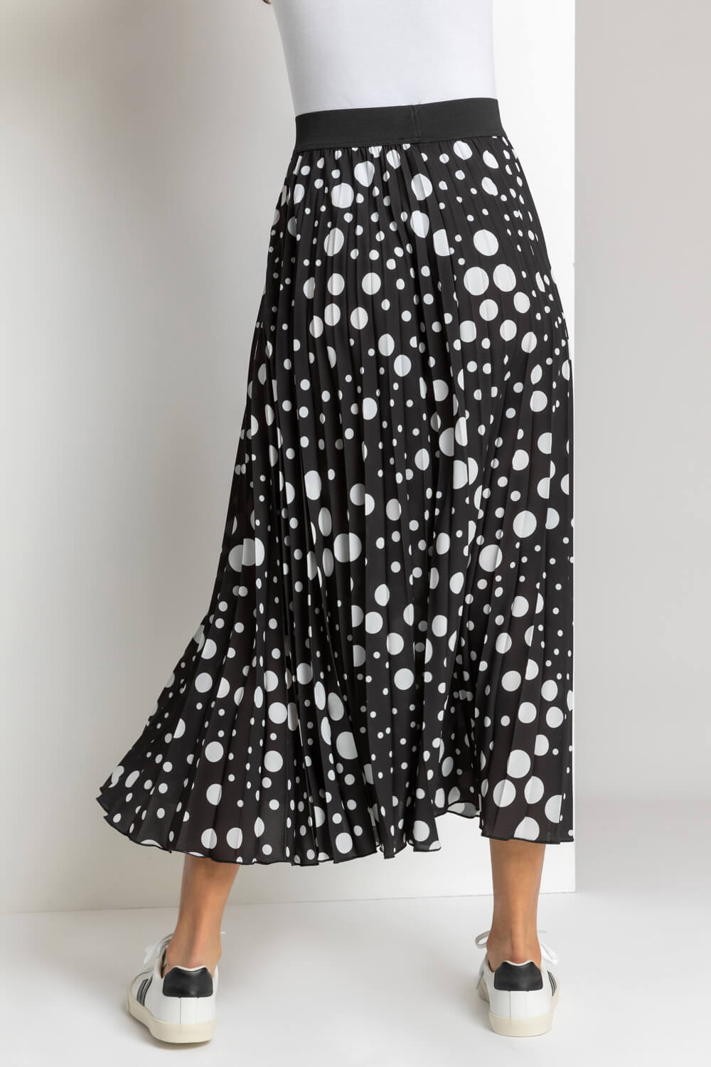 Black Spot Print Pleated Maxi Skirt, Image 3 of 4