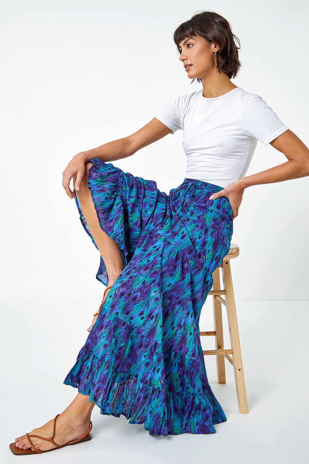Blue Feather Print Tiered Cotton Maxi Skirt, Image 2 of 6