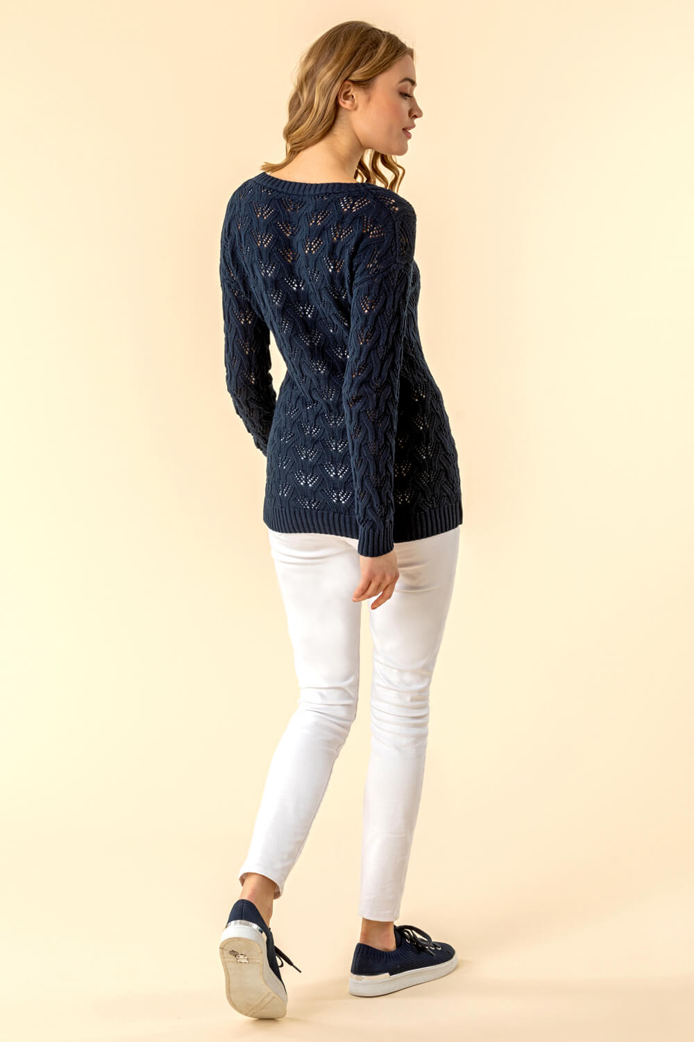 Navy  Cotton Cable Knit Jumper, Image 2 of 4