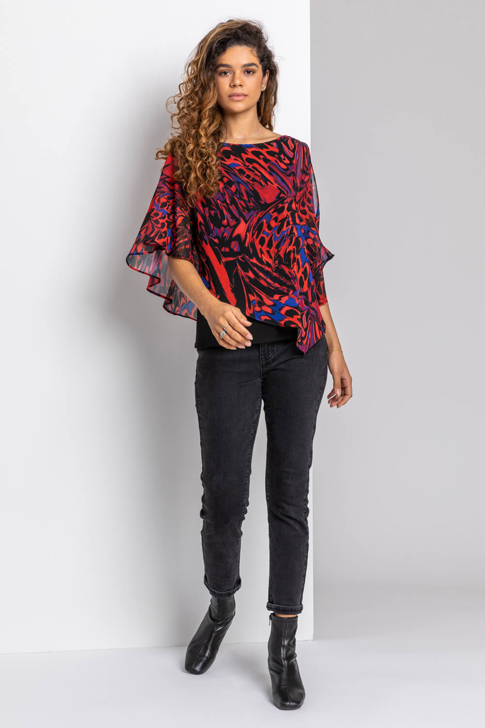 Red Abstract Butterfly Print Overlay Top, Image 4 of 5