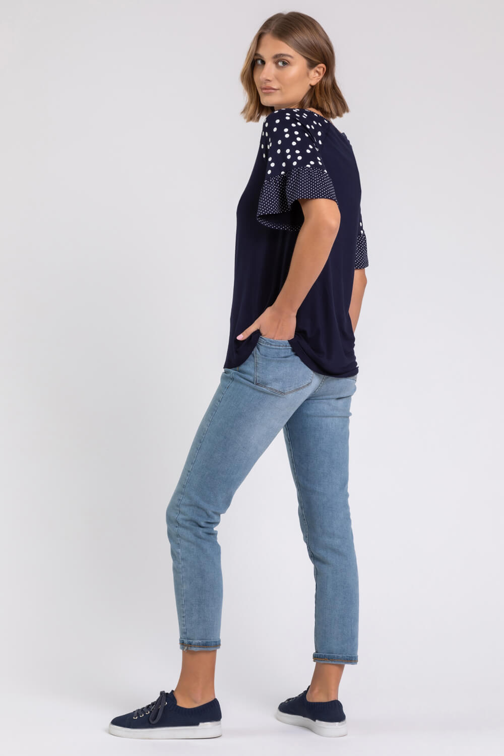 Navy  Spot Print Frill Sleeve Top, Image 2 of 5