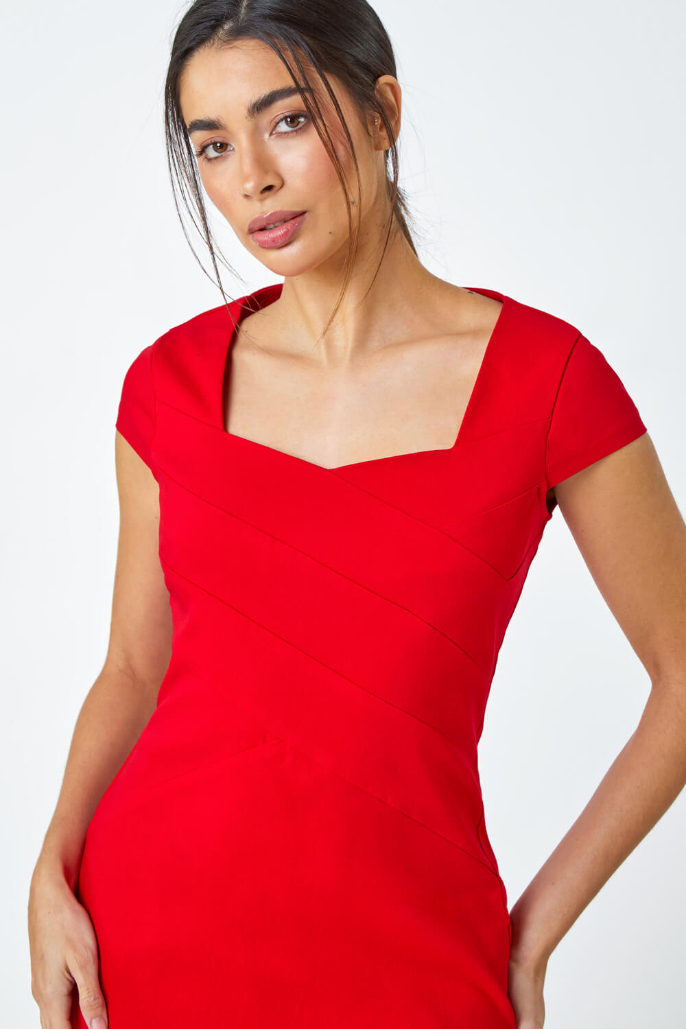 Red Sweetheart Neck Fitted Stretch Dress, Image 4 of 5