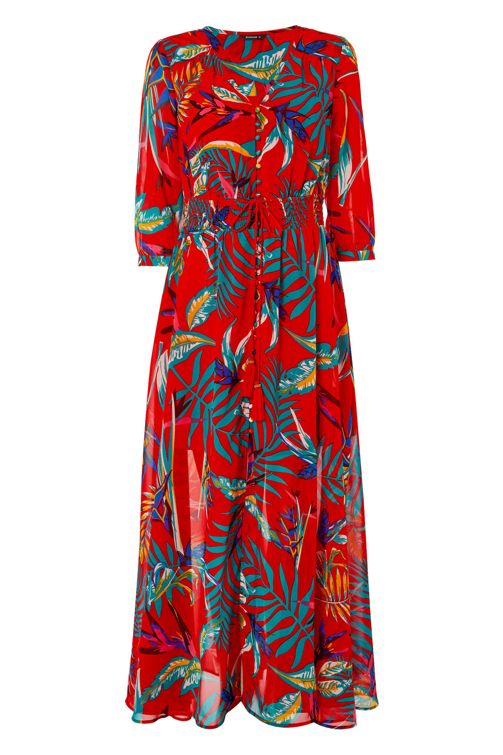 Tropical Print Belted Maxi Dress in Red ...