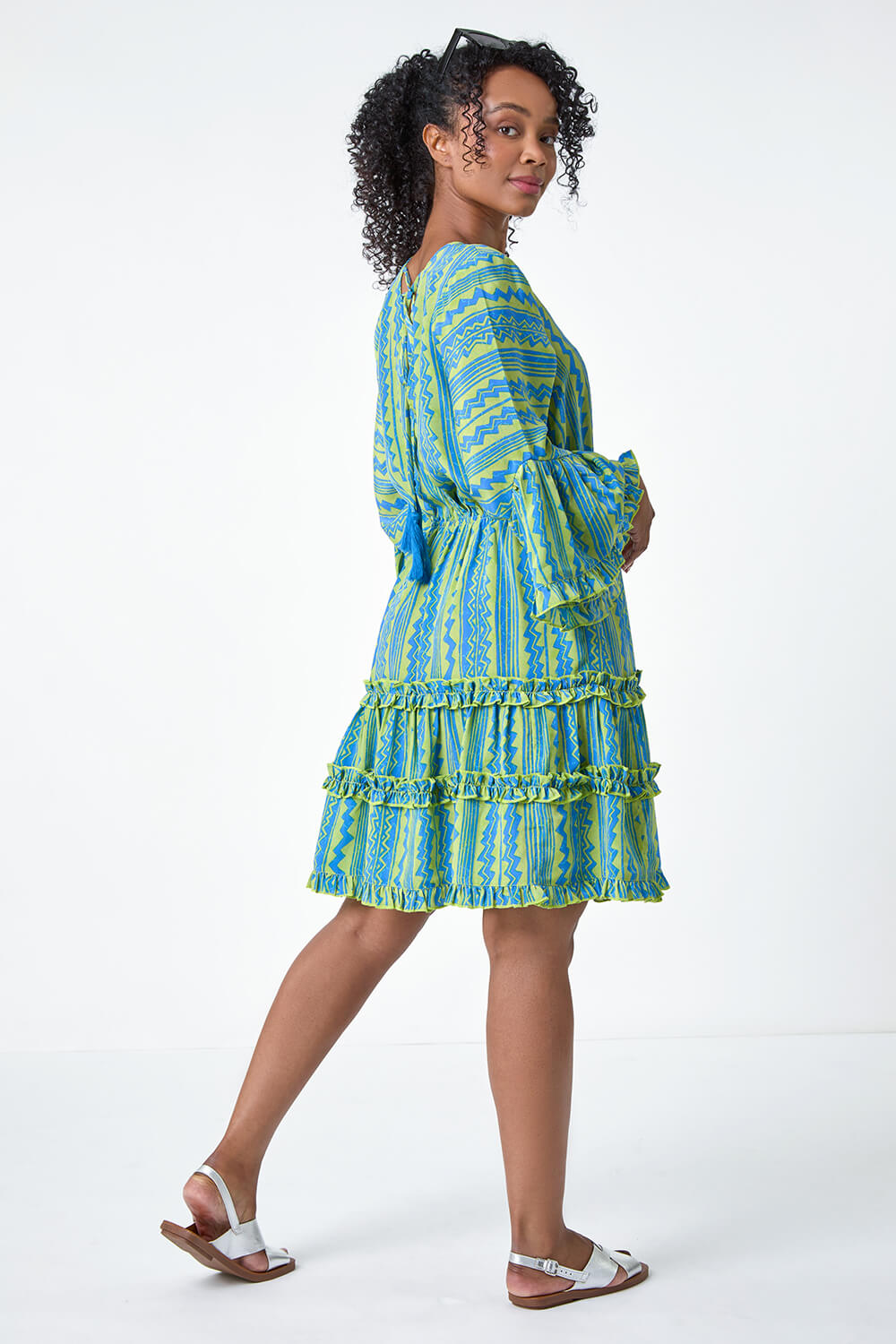 Blue Petite Aztec Print Flared Sleeve Dress, Image 3 of 5