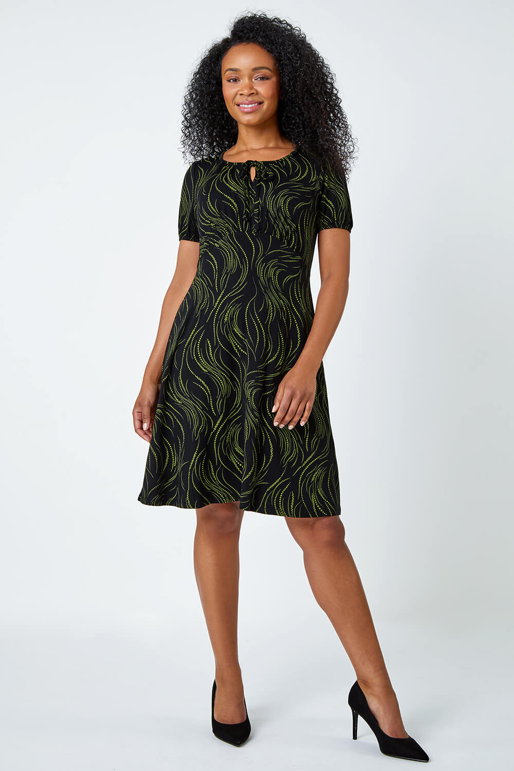 Lime Petite Abstract Print Tie Neck Dress, Image 2 of 5