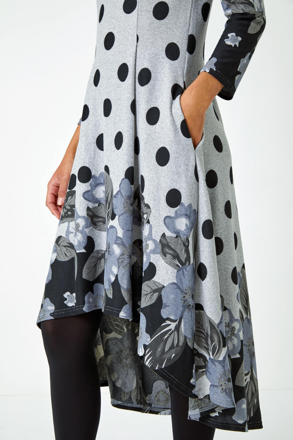 Grey Floral Spot Border Print Stretch Dress, Image 5 of 5
