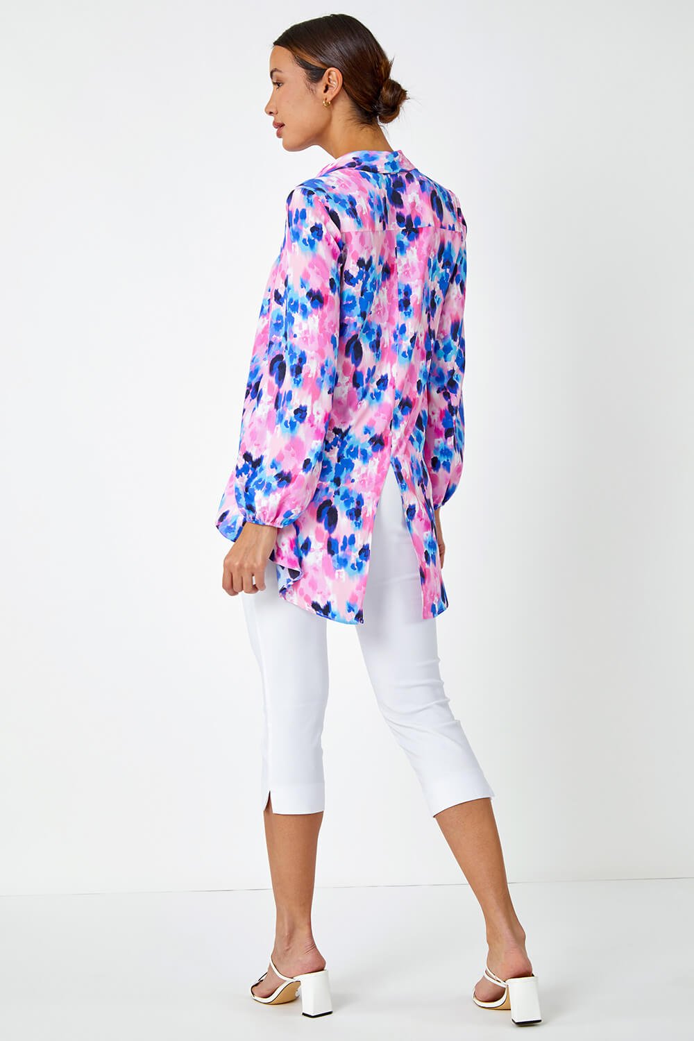PINK Abstract Print Dropped Hem Blouse, Image 3 of 5