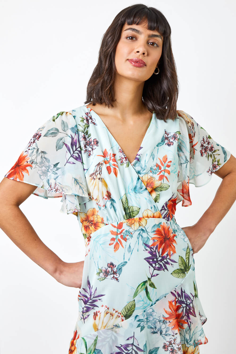 Sage Floral Frill Tiered Midi Dress, Image 4 of 5