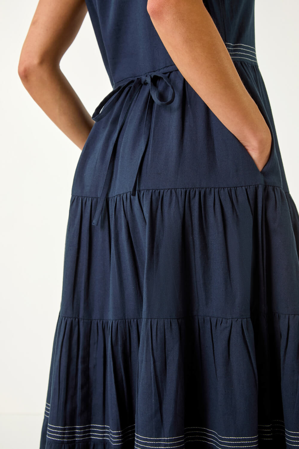 Navy  Petite Cotton Pocket Tiered Midi Dress, Image 5 of 5