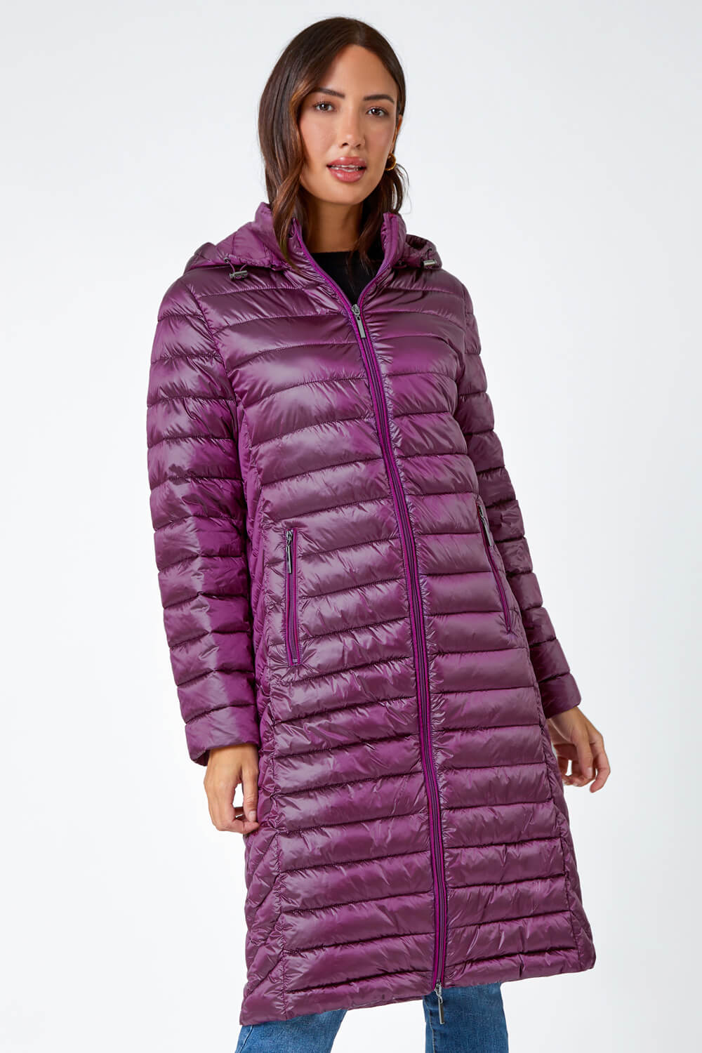 Purple Longline Hooded Padded Coat, Image 2 of 5