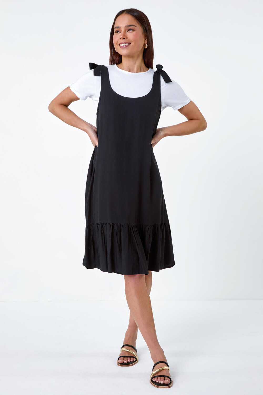 Black Petite Bow Detail Frilled Dress, Image 6 of 6