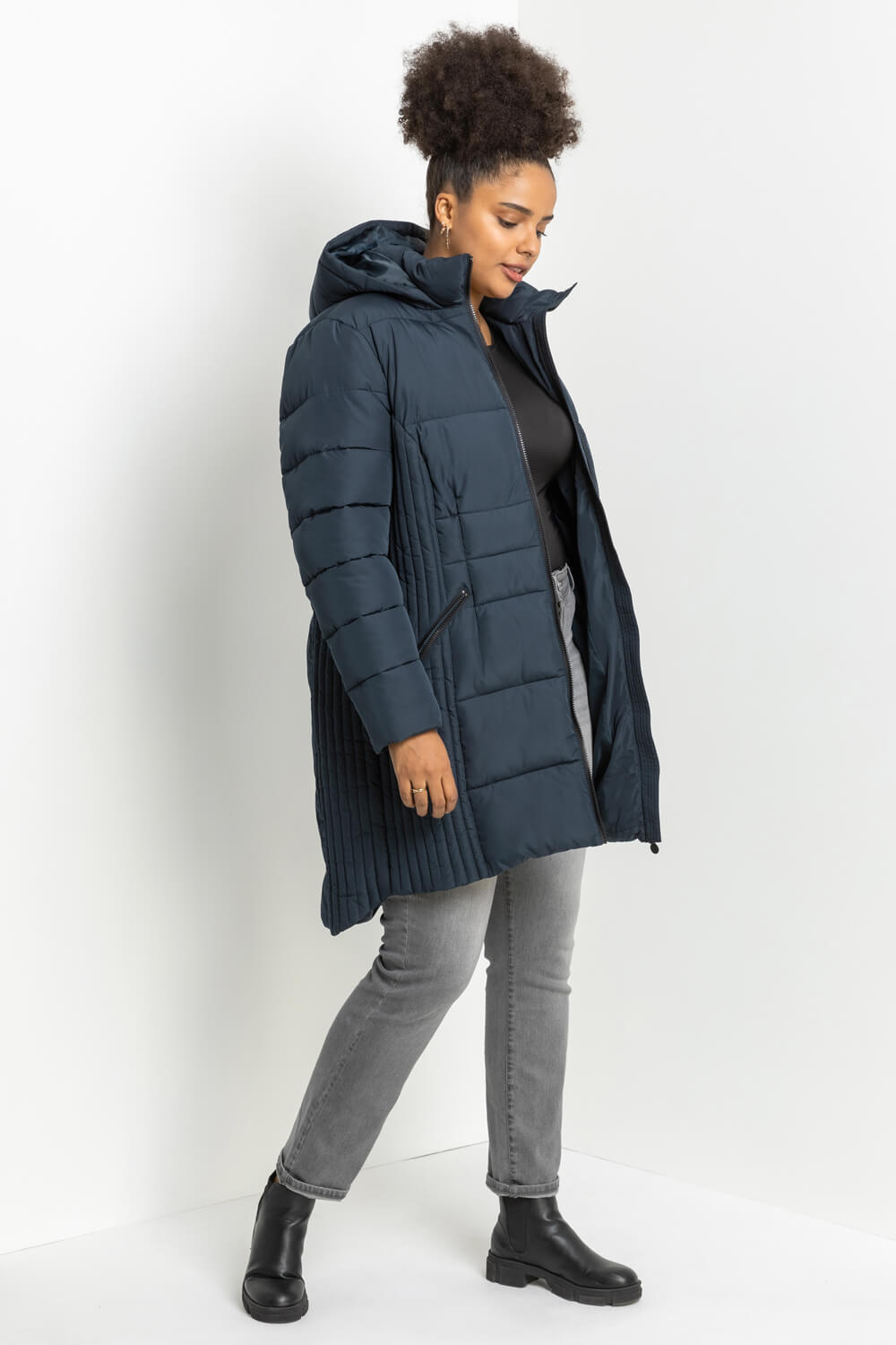 Navy  Curve Longline Quilted Coat with Hood, Image 5 of 5
