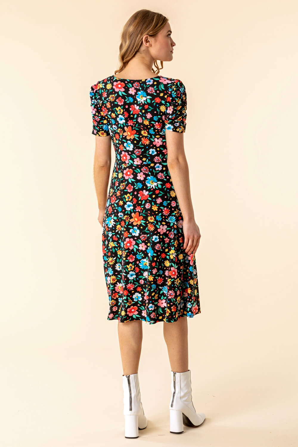 Multi  Floral Print Gathered Front Dress, Image 2 of 4