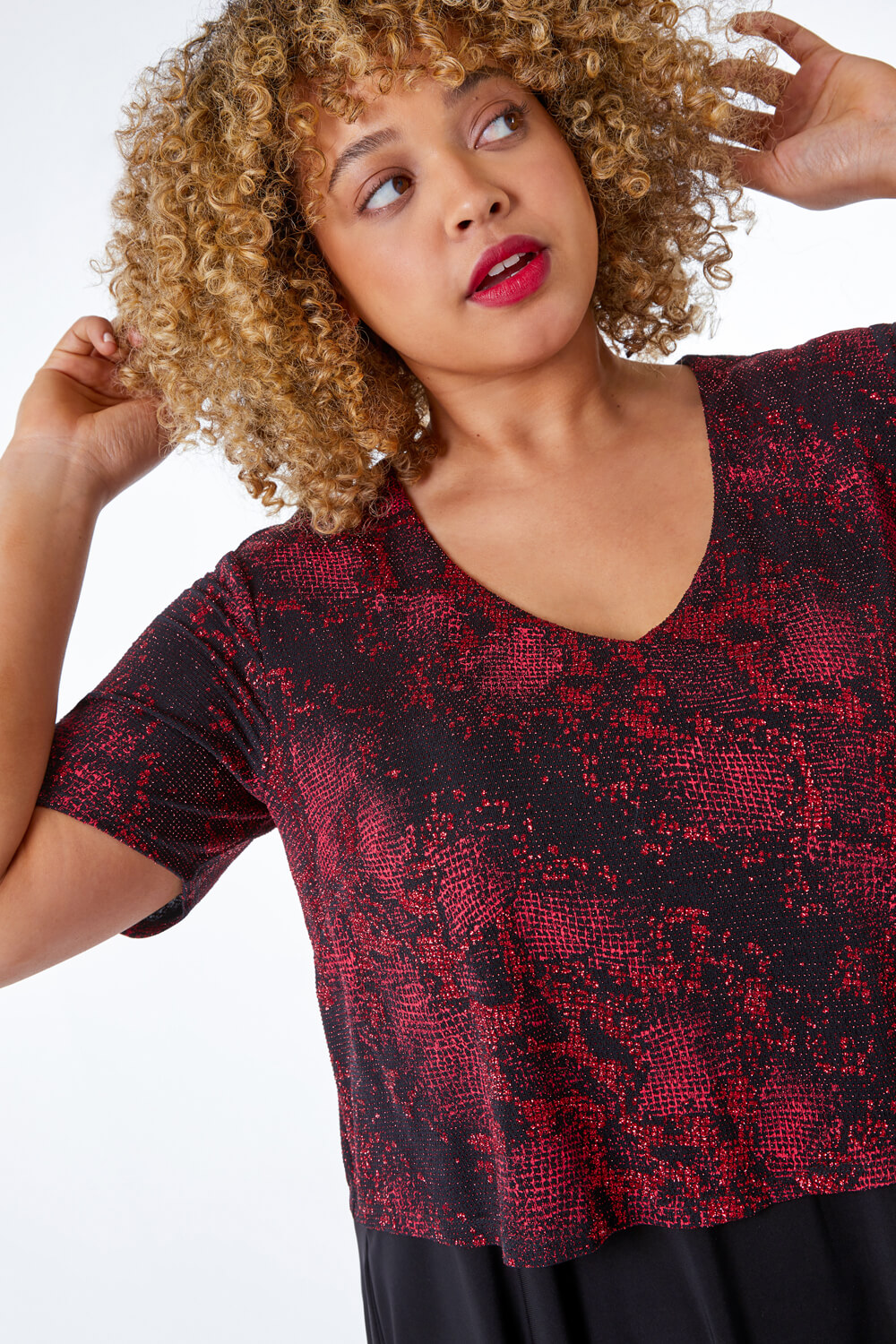 Red Curve Shimmer Animal Overlay Dress, Image 4 of 5