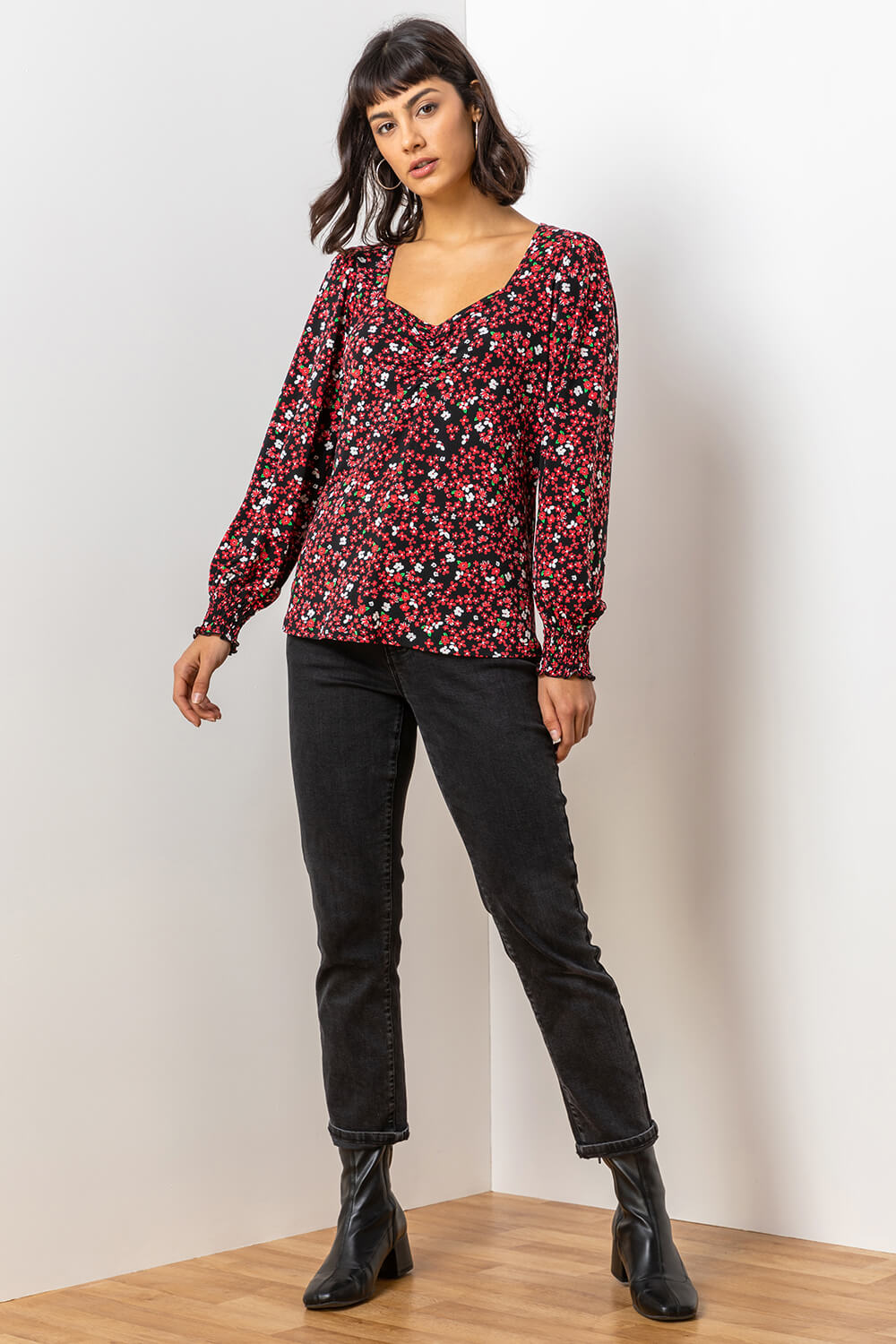Red Ditsy Floral Print Top, Image 4 of 5