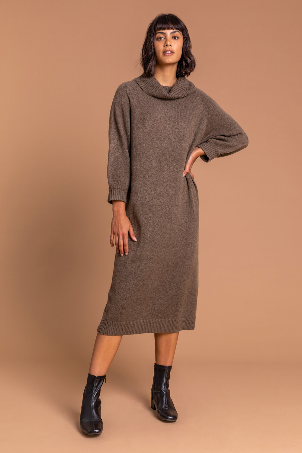 Brown Roll Neck Knitted Midi Dress, Image 3 of 5