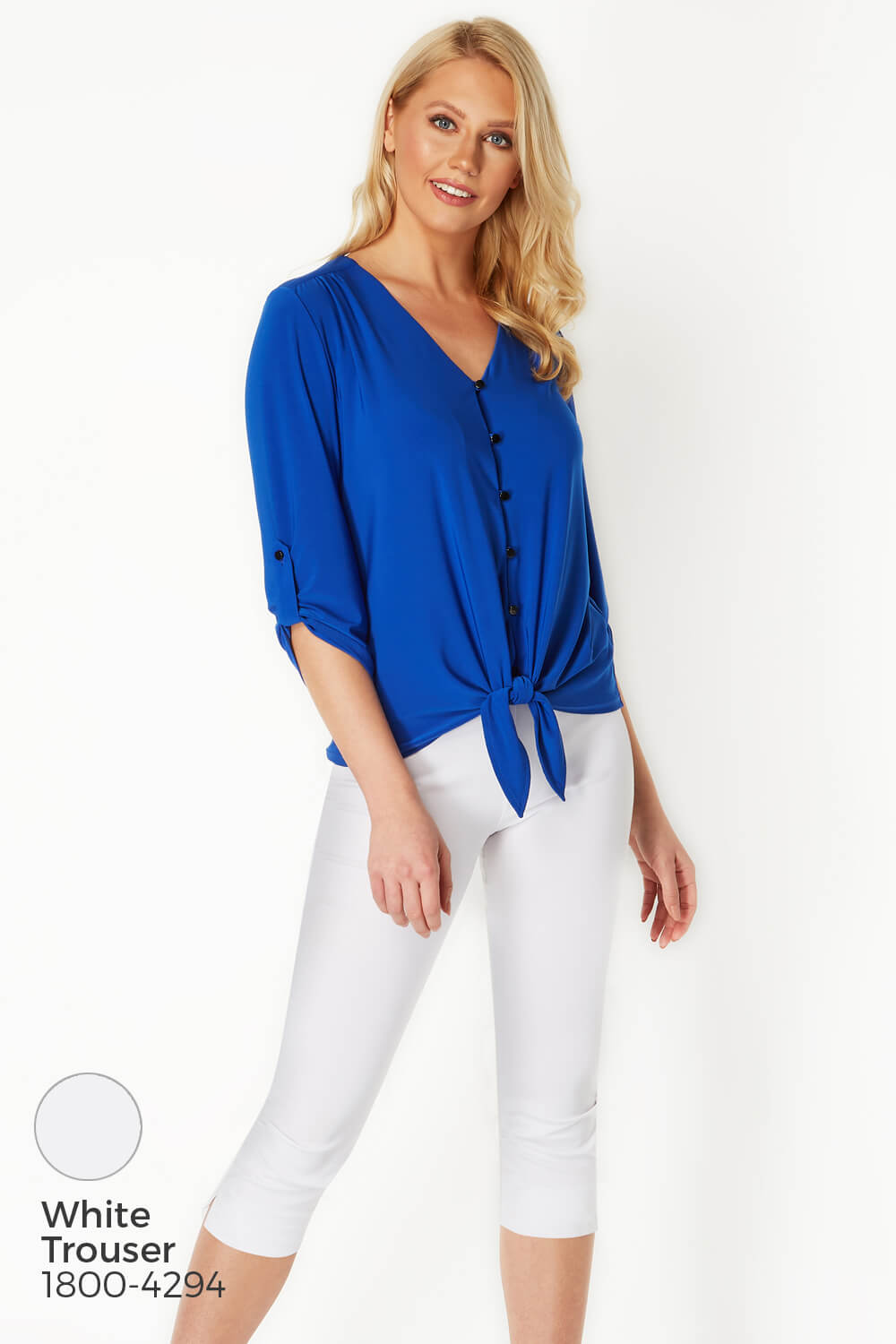 Royal Blue Tie Front Button Up Blouse, Image 5 of 8