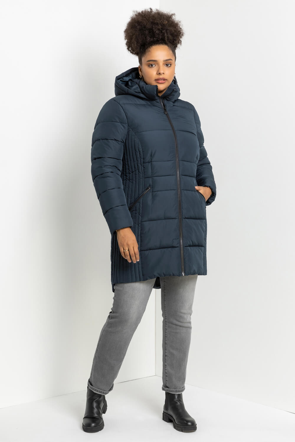 Navy  Curve Longline Quilted Coat with Hood, Image 3 of 5