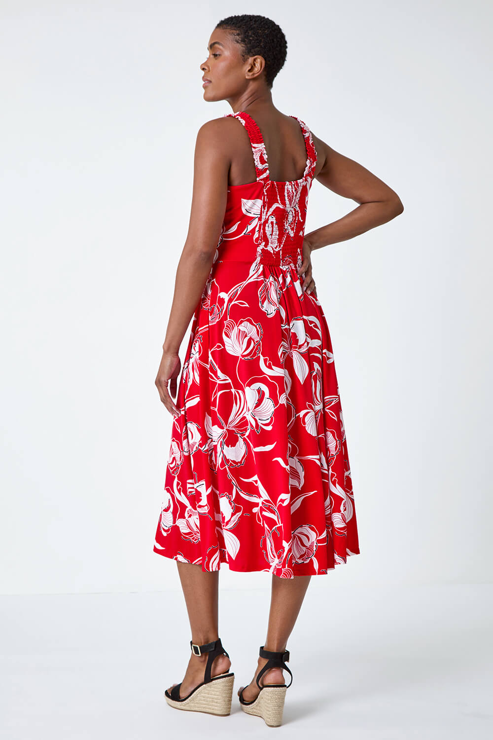Red Textured Floral Print Midi Stretch Dress, Image 3 of 5