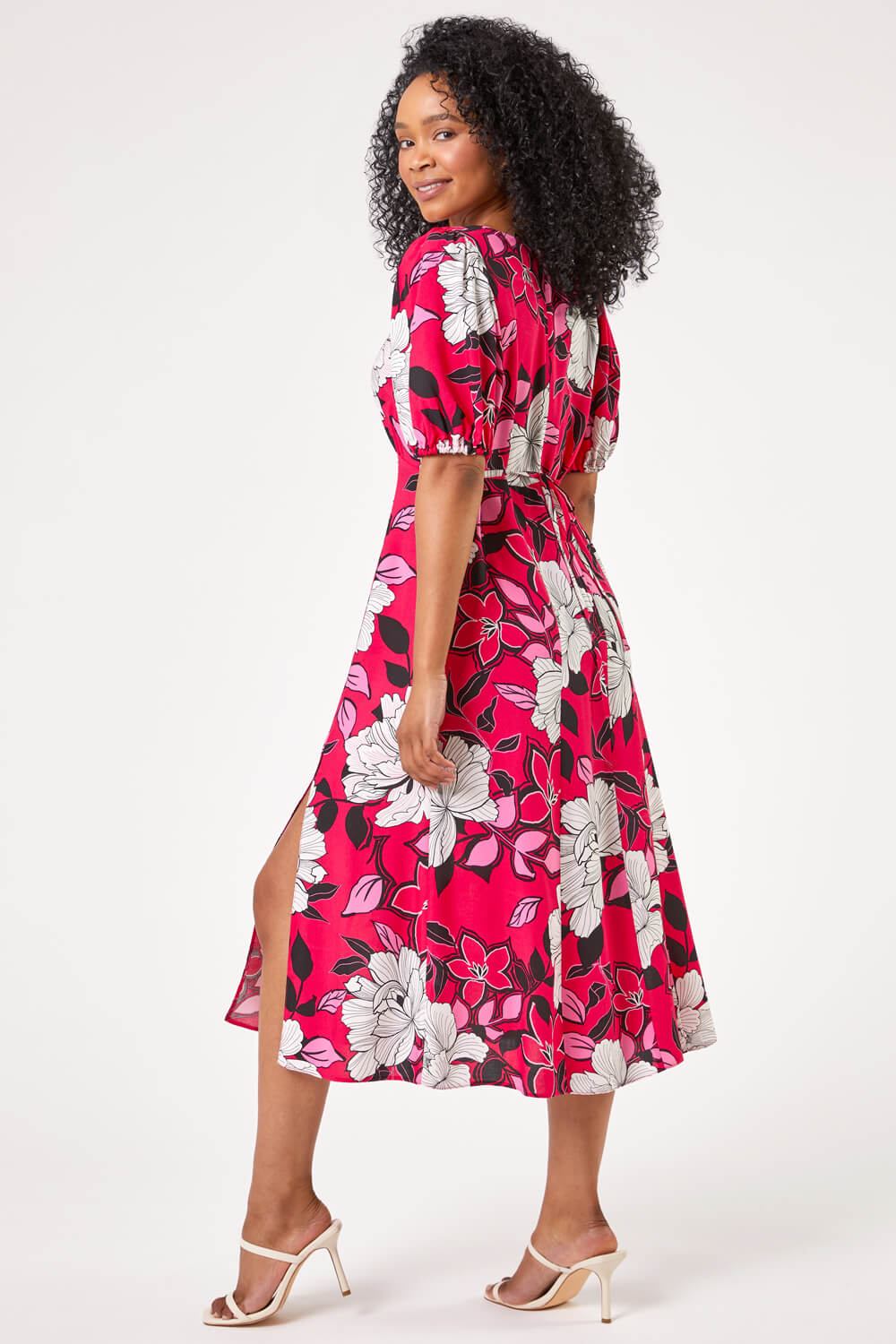 Petite Floral Print Puff Sleeve Midi Dress in Pink | Roman UK