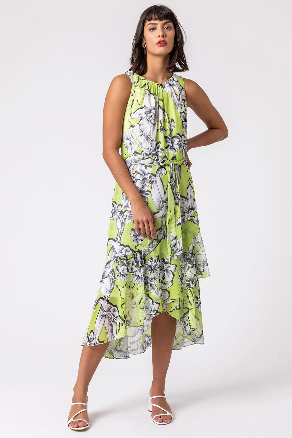 Lime Floral Tie Waist Dipped Hem Dress, Image 3 of 4