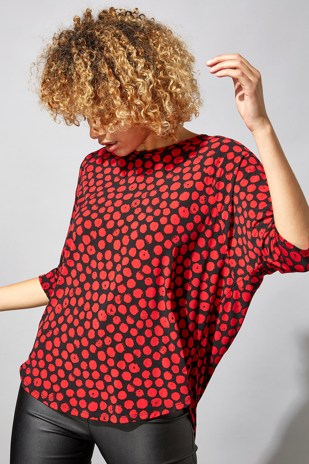 Red Spot Print Round Neck Tunic Top, Image 4 of 5