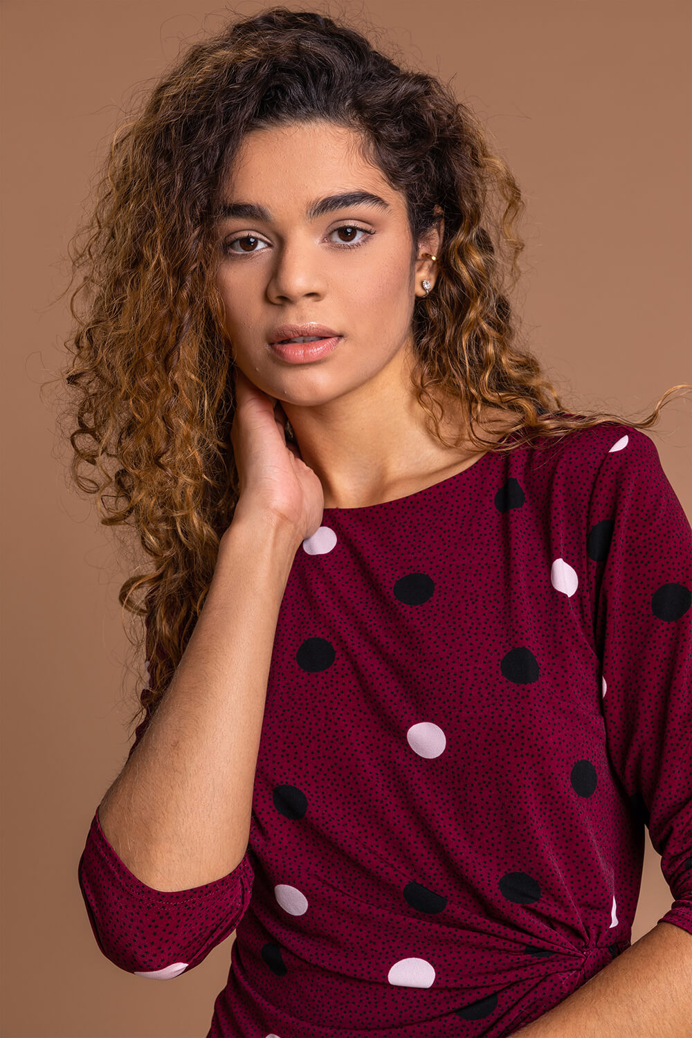 Bordeaux Polka Dot Ruched 3/4 Sleeve Jersey Top, Image 4 of 5