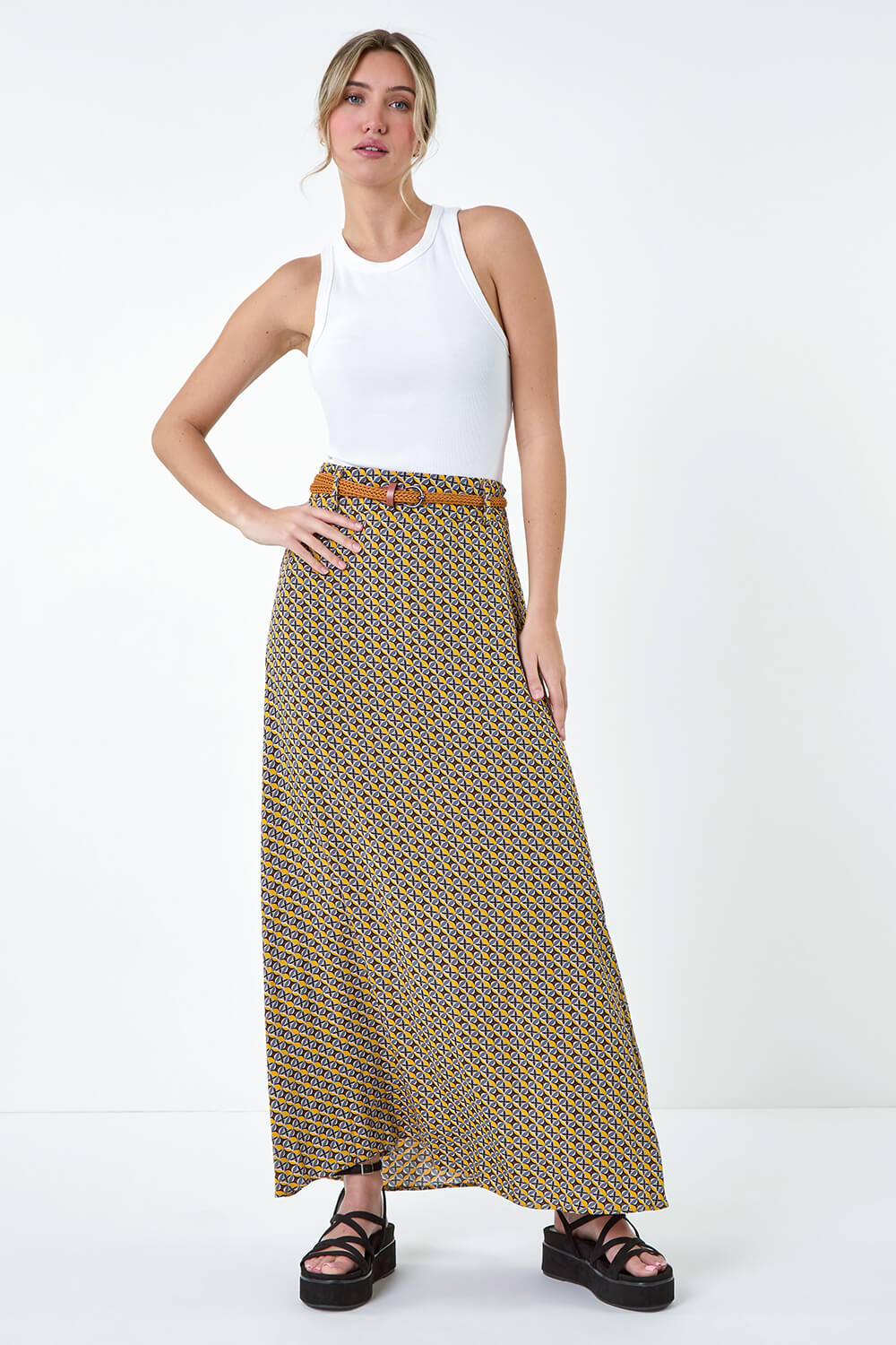Yellow Floral Print Belted Maxi Skirt, Image 2 of 5