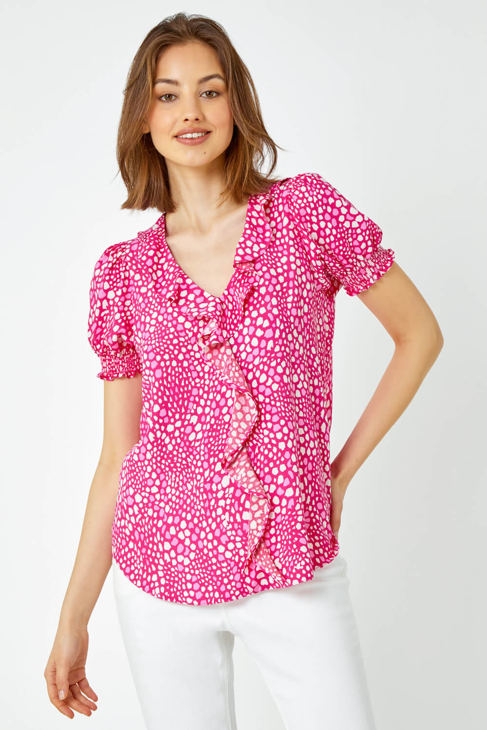 PINK Pebble Print Ruffle Front Blouse, Image 4 of 5